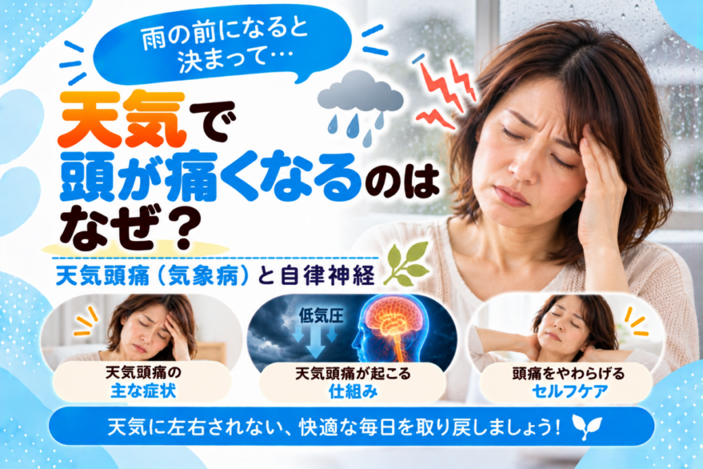 雨の前に頭が痛くなる天気頭痛に悩む女性|気象病と自律神経