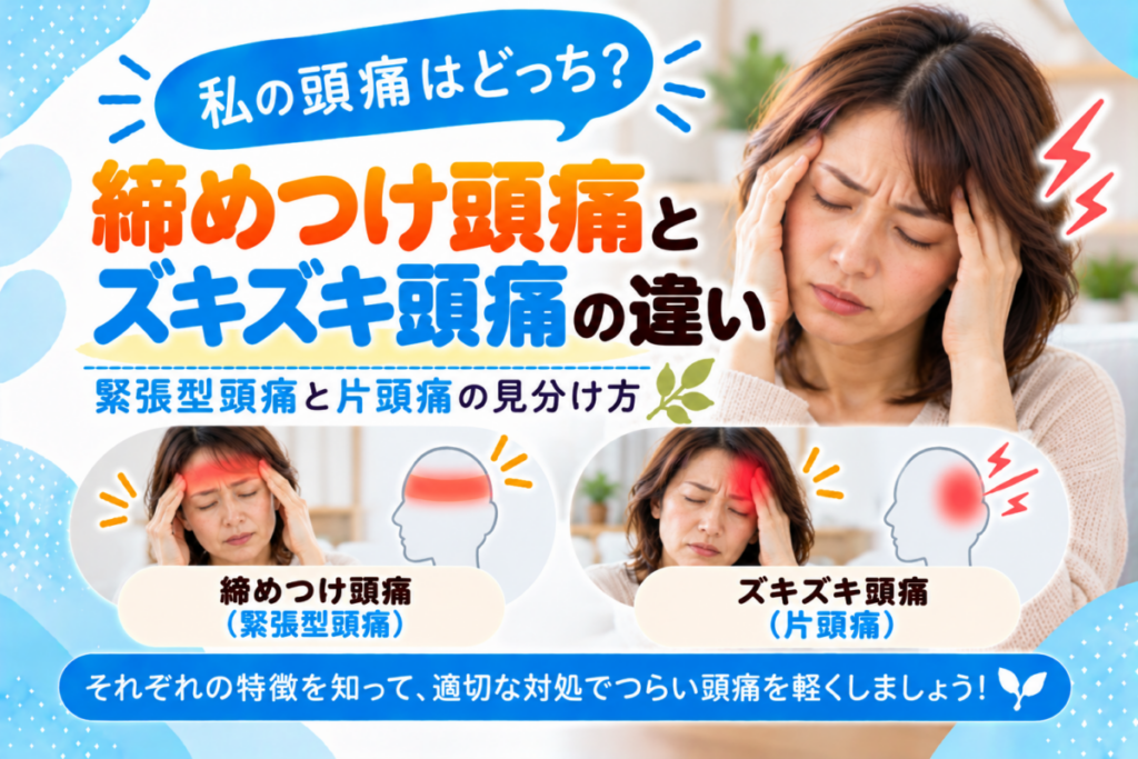 締めつけられる頭痛とズキズキ頭痛に悩む女性|緊張型頭痛と片頭痛の見分け方