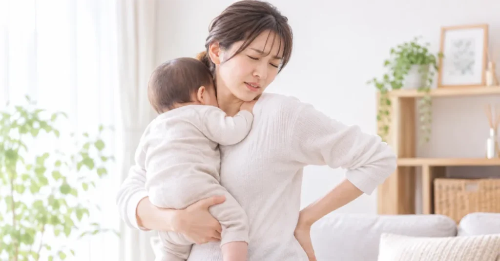 産後の腰痛のつらい症状に悩む様子
