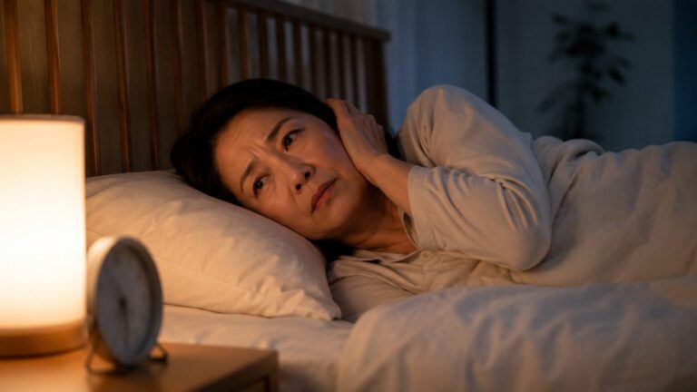 夜のベッドで耳鳴りに悩み眠れない女性